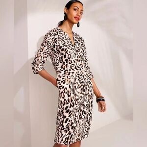 Chico’s 100% Linen Leopard Animal Print Shift Dress Sz 12 Pockets